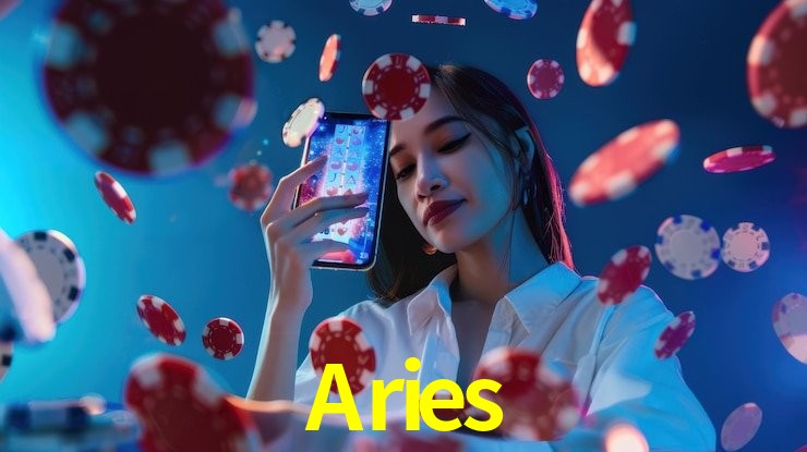 Escena dinámica inspirada en casino con iluminación Aries, cartas, fichas e íconos de juegos digitales en un espacio moderno de juegos.