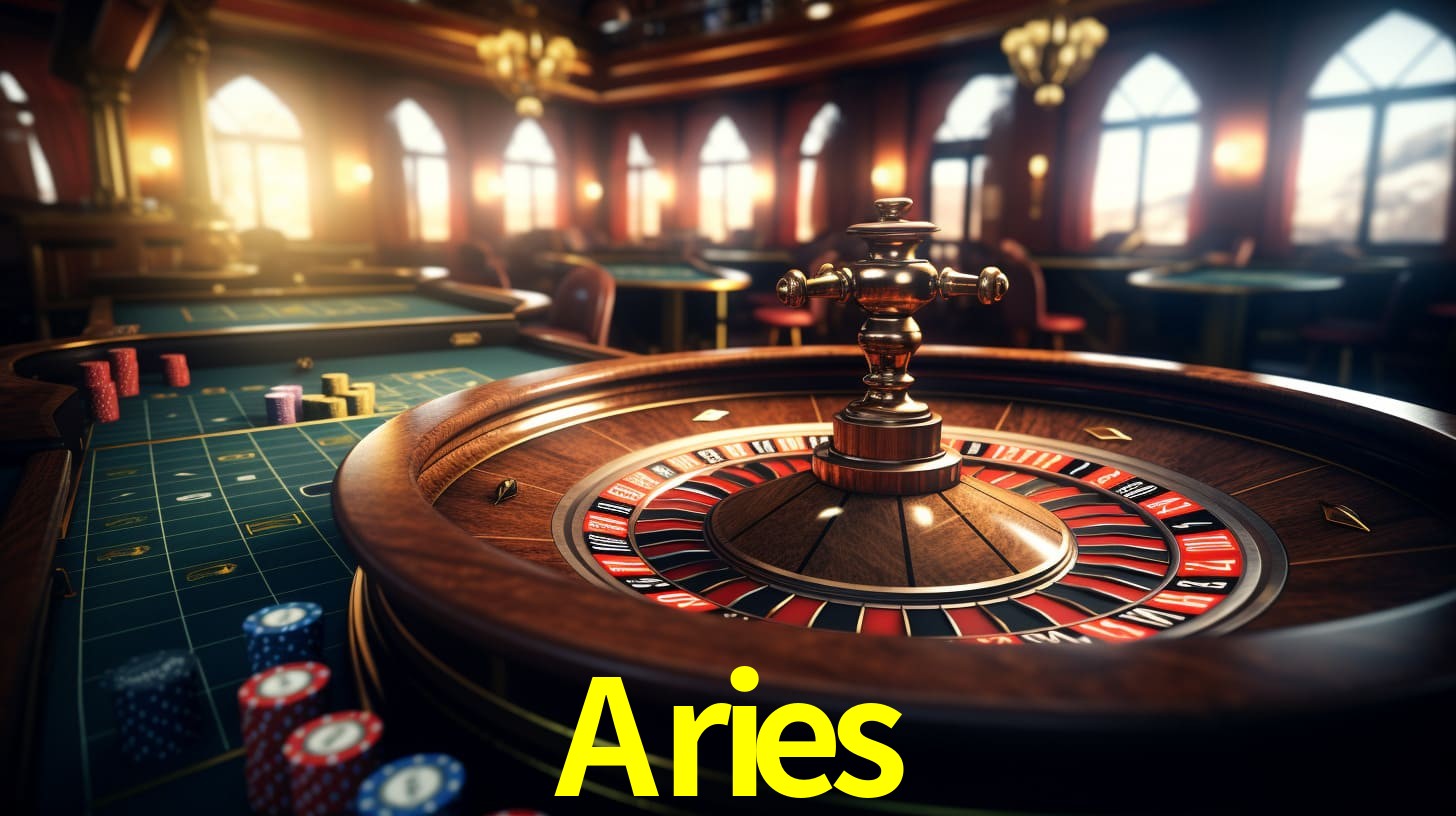 Una escena digital vívida inspirada en casino con Aries mostrado prominentemente, luces brillantes, fichas, cartas y acentos dorados.