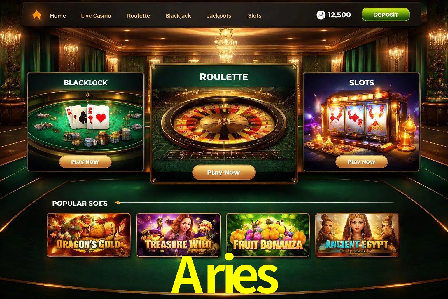 Vista de la plataforma Aries Casino mostrando categorías organizadas de juegos en línea
