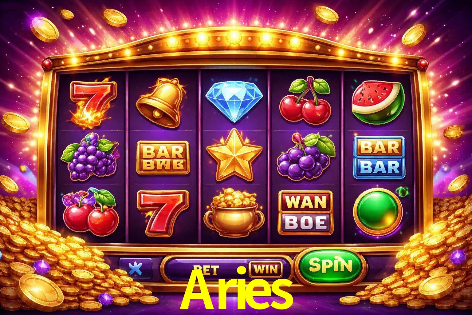 Una interfaz colorida de tragamonedas en línea con símbolos brillantes, monedas y un efecto de victoria celebratoria en Aries.