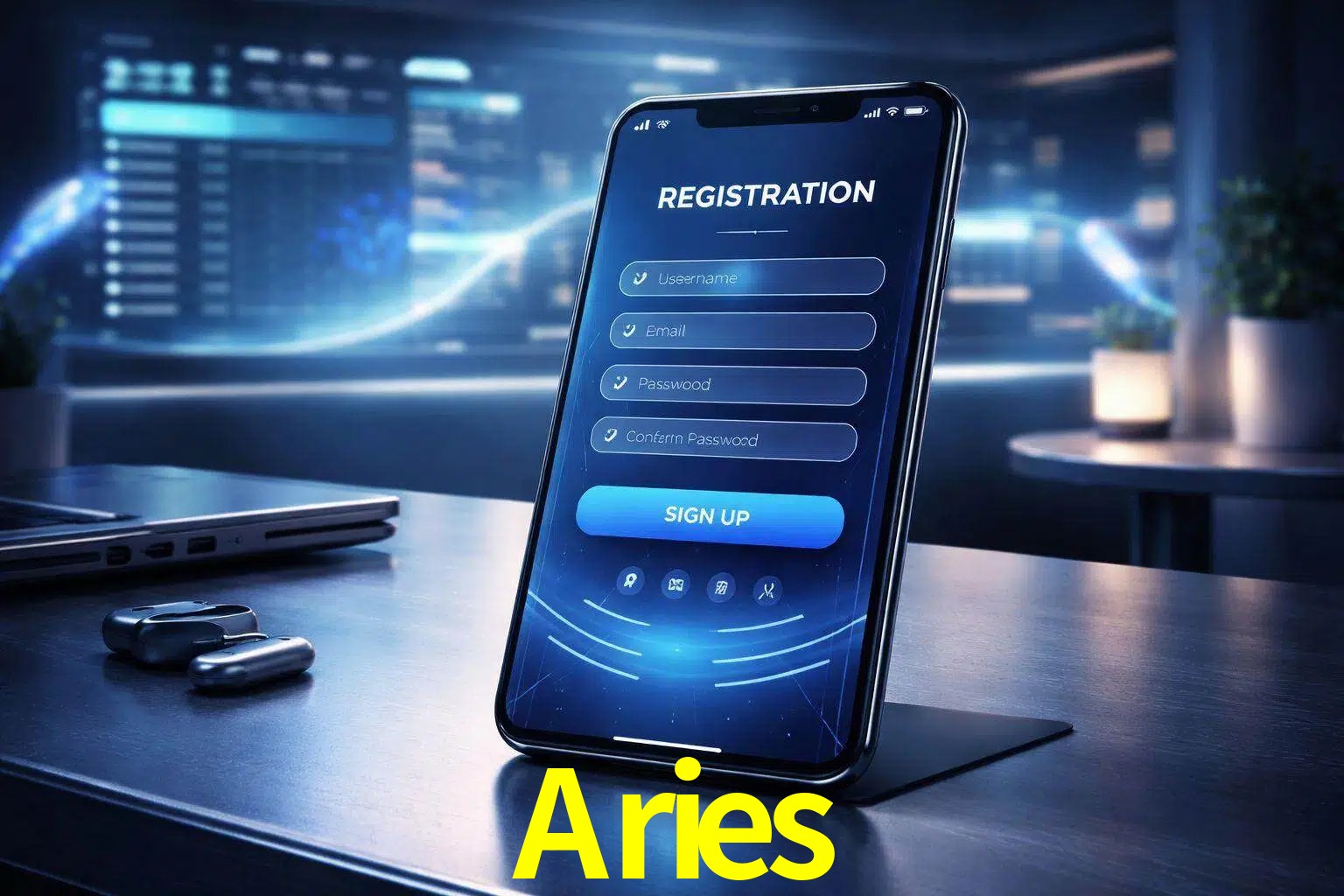 Una interfaz moderna de registro móvil para Aries mostrada en un smartphone con un panel de apuestas elegante.